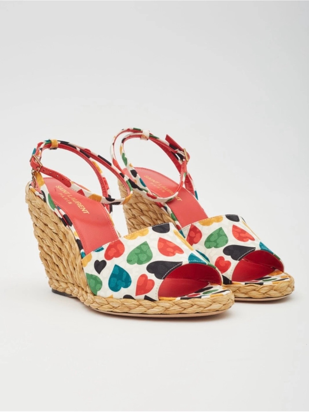 Saint Laurent Multicolor Heart Print Espadrille Wedge Sandals
